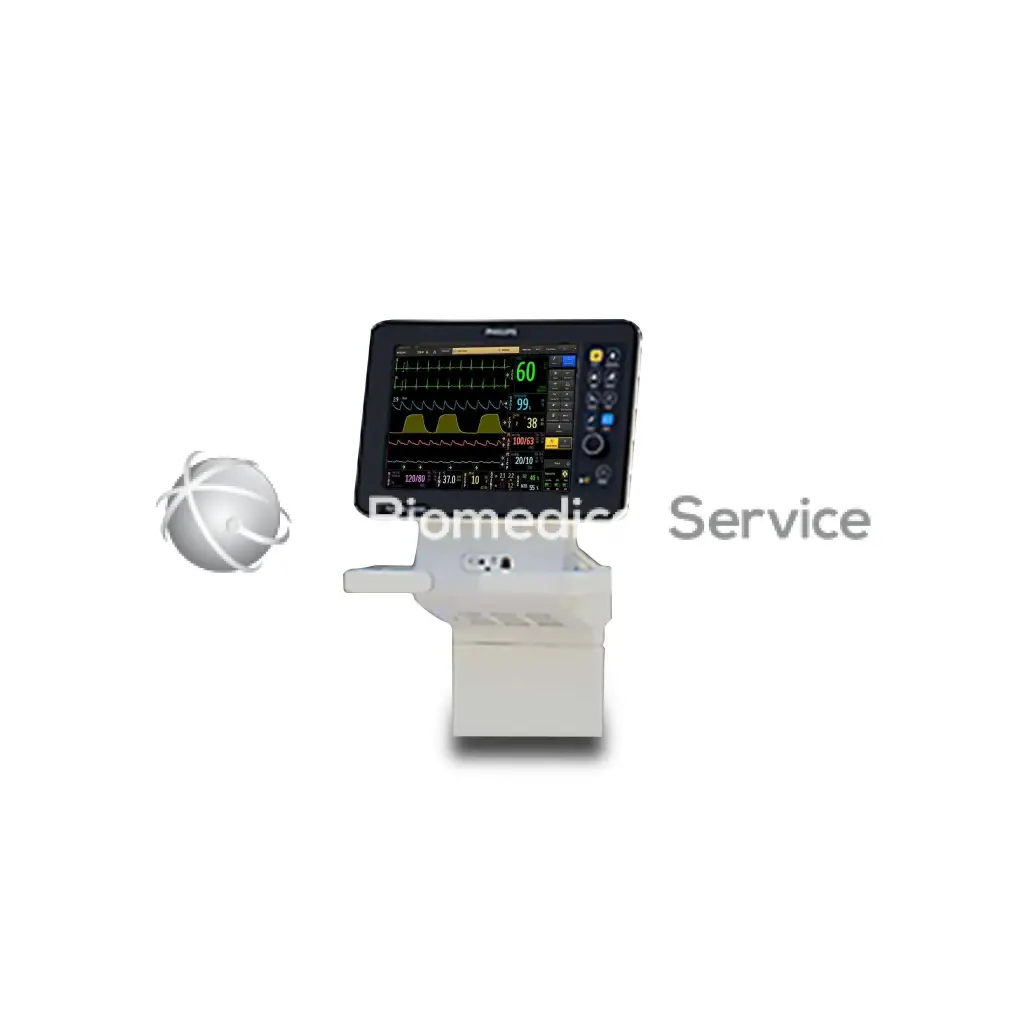 Philips expression mr200 biomedic service patient monitor with black vital signs screen and control buttons on the right side