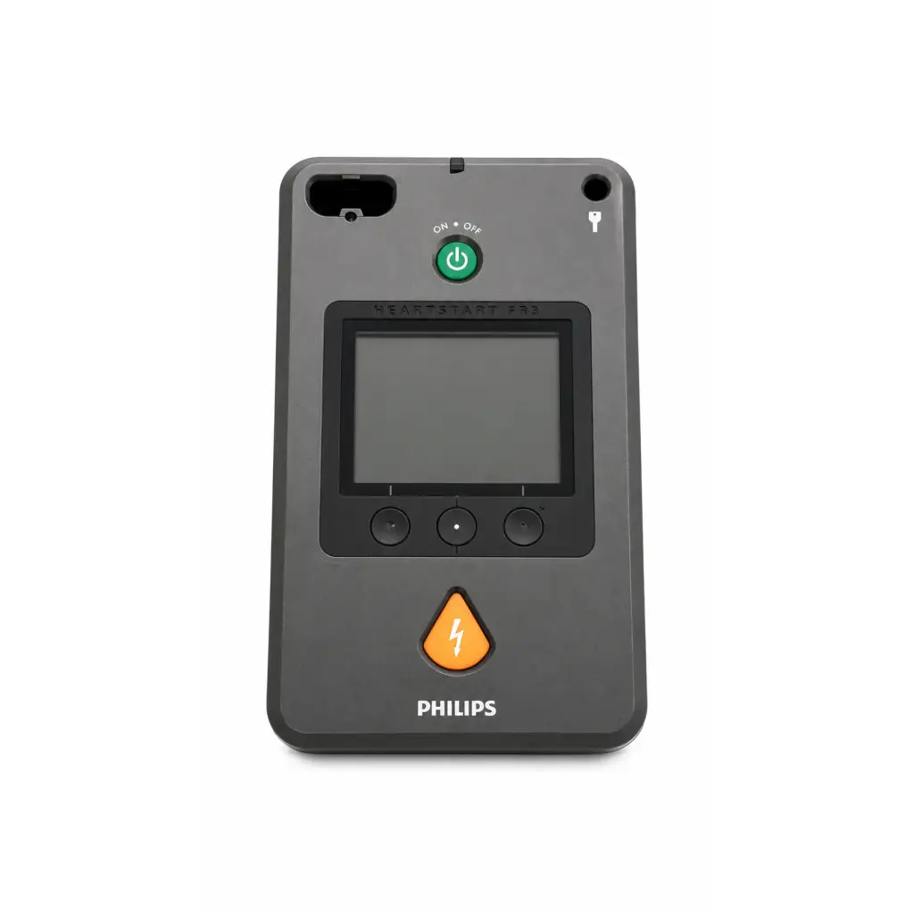 Philips heartstart fr3 aed defibrillator with green power button black controls and orange lightning bolt in a complete kit