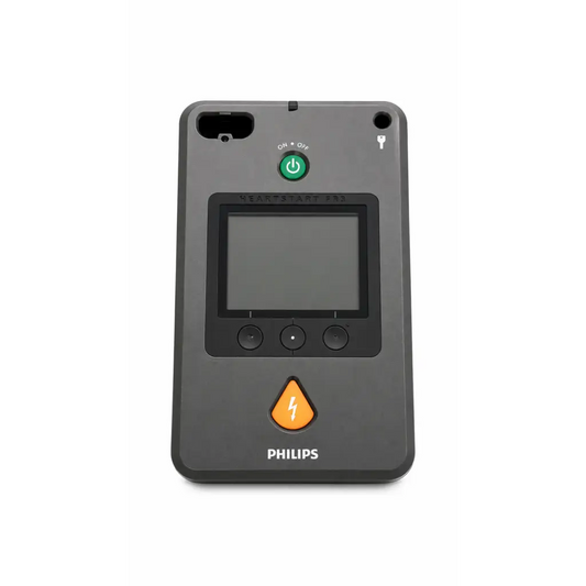 Philips heartstart fr3 aed defibrillator with green power button black controls and orange lightning bolt in a complete kit