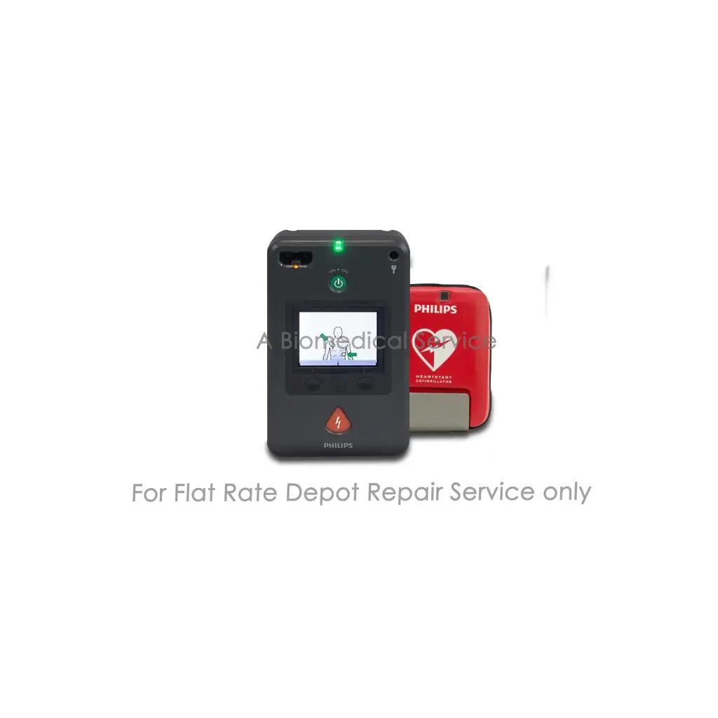 Black philips heartstart fr20 automated external defibrillator with touchscreen and green power indicator next to red case for philips heartstart fr3 repair service medical equipment