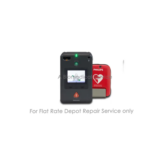 Black philips heartstart fr20 automated external defibrillator with touchscreen and green power indicator next to red case for philips heartstart fr3 repair service medical equipment