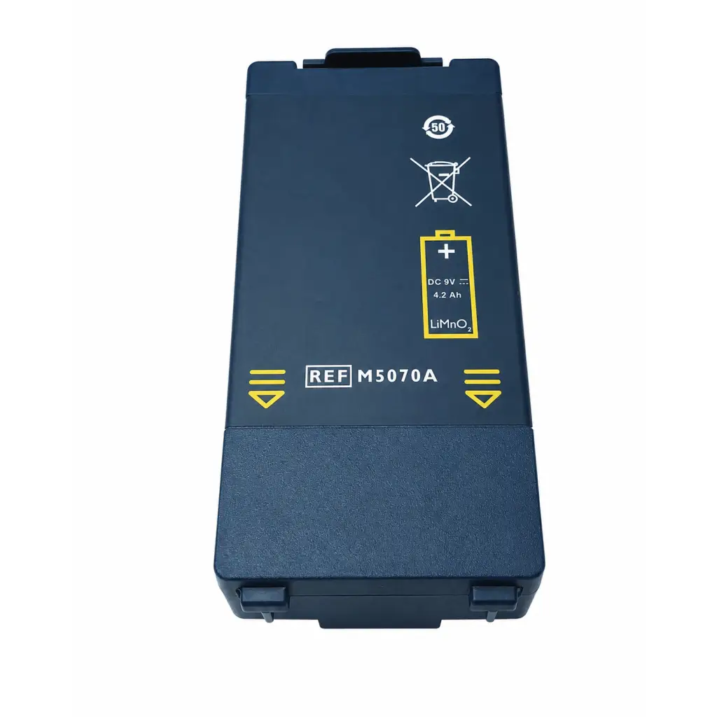 Dark blue rectangular lithium-ion battery set m5070a with 9v 4.2 ah for philips heartstart hs1 frx aed devices
