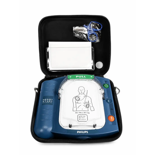 Blue philips onsite aed m5071a defibrillator complete kit in black case with pads and scissors for emergency use