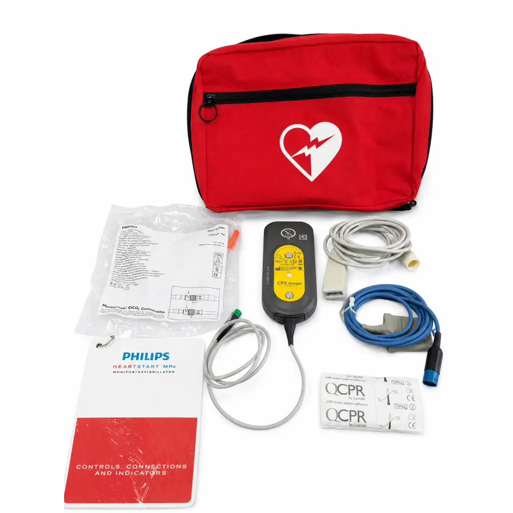 Red philips heartstart mrx defibrillator with black zipper and white heart logo in carrying bag for emergency use