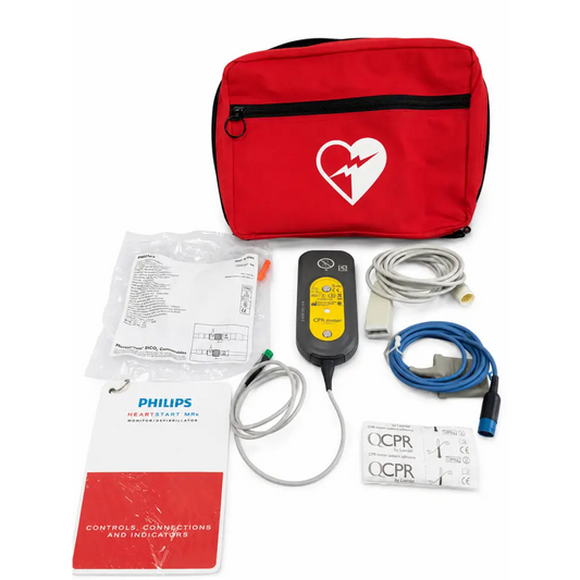 Red philips heartstart mrx defibrillator with black zipper and white heart logo in a refurbished bag with q-cpr meter and accessories