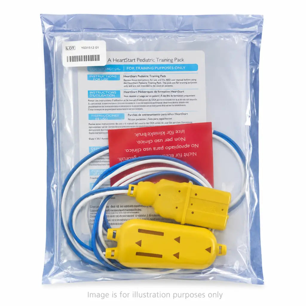 Yellow plastic philips heartstart pediatric training pads with blue and white straps in clear plastic package biomed certified
