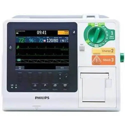 White Philips HeartStart XL+ medical equipment monitor with black touchscreen and control buttons for repair service use