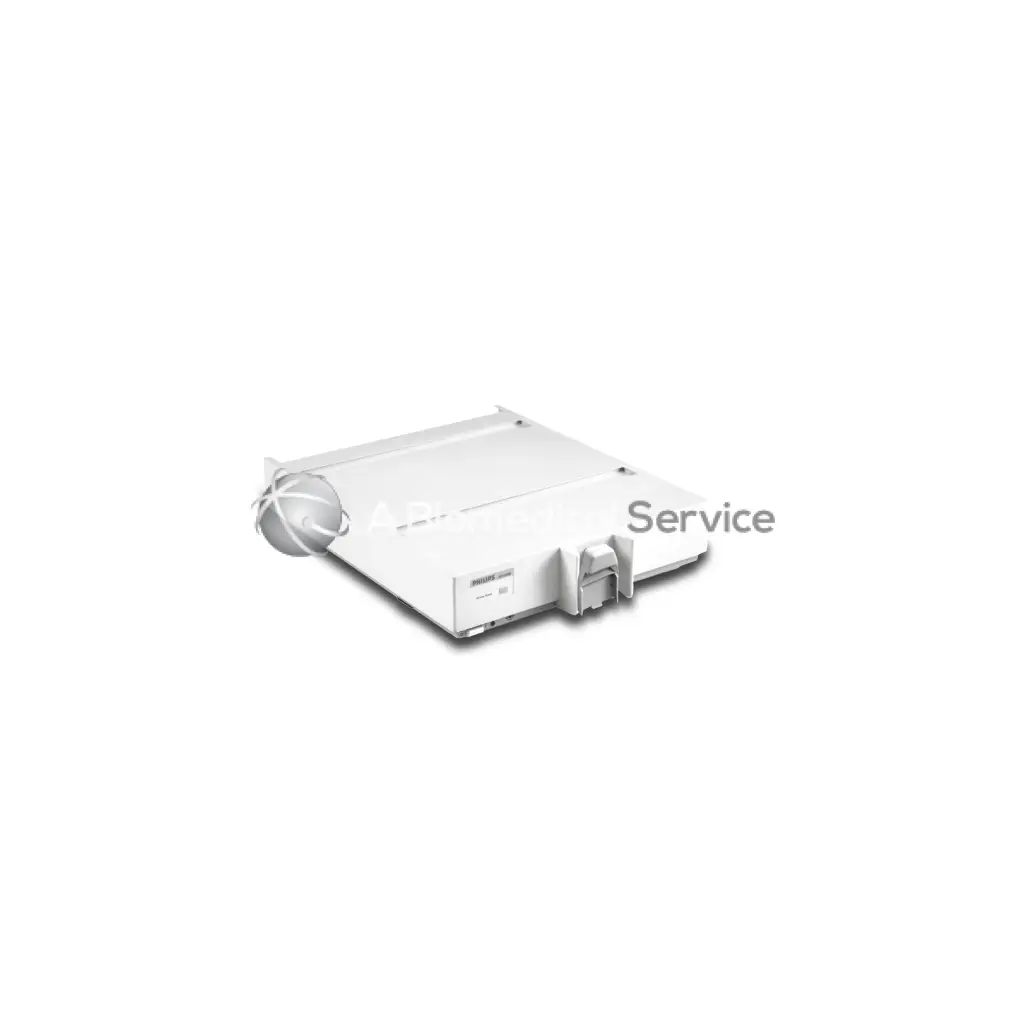 White plastic Philips HP M1026AB server rack with front latch mechanism and service label on the side panel