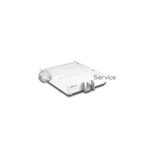 White plastic Philips HP M1026AB server rack with front latch mechanism and service label on the side panel