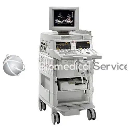 Gray philips hp sonos 5500 medical ultrasound machine with monitor, control panels, buttons, and wheels for mobility
