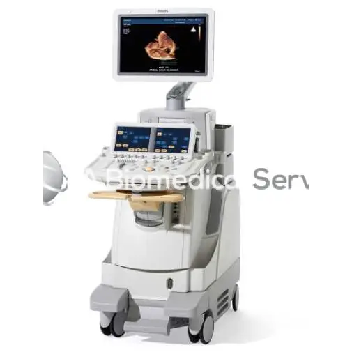 White and gray philips ie33 ultrasound machine with touchscreen displaying an echocardiogram image