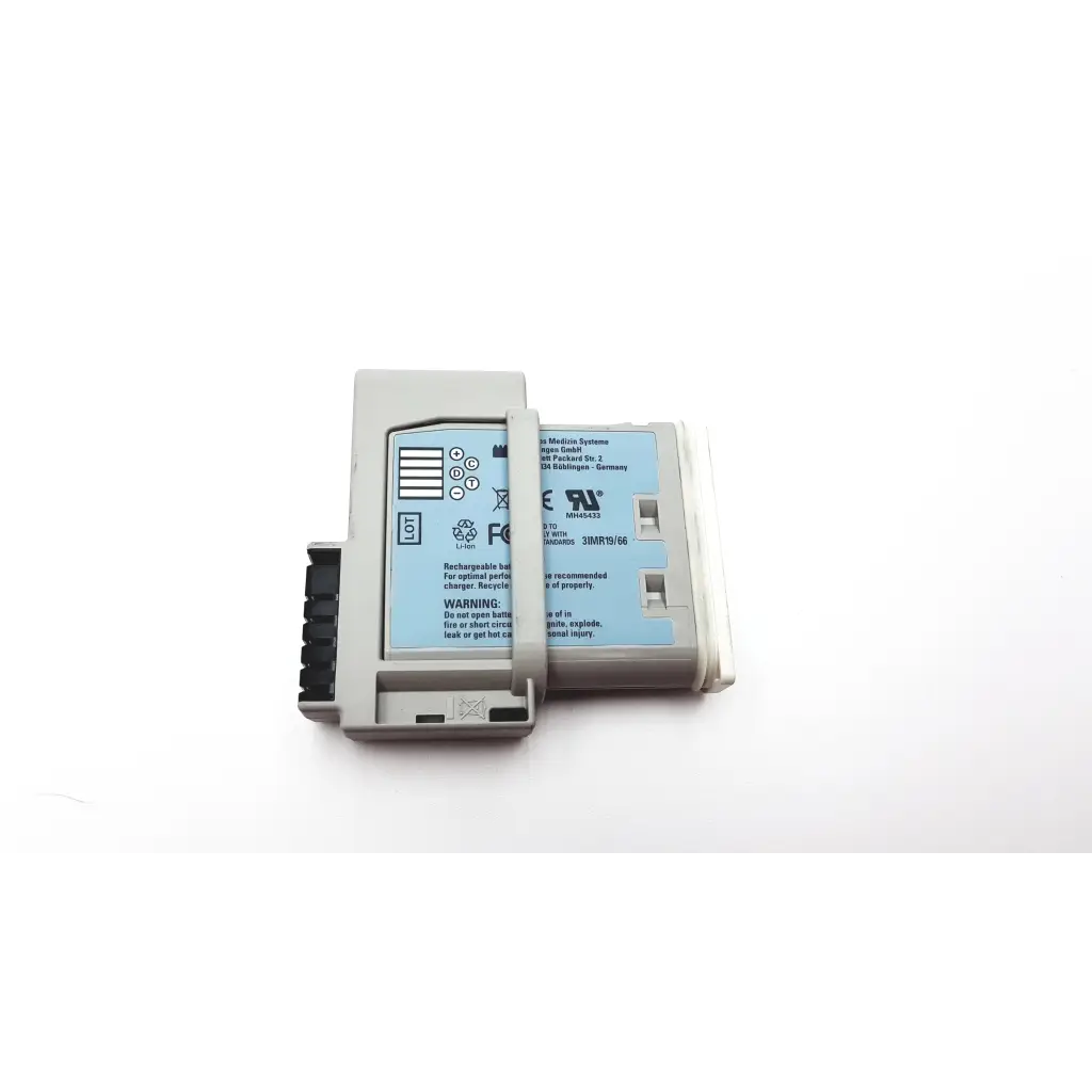 Gray plastic rechargeable philips intellivue m4607a mp2 battery module with light blue label and certification marks