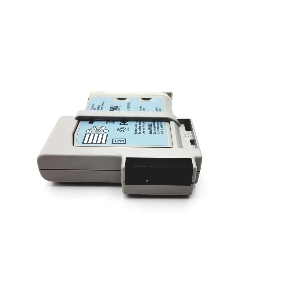 Gray plastic philips intellivue m4607a mp2 battery module with black component and blue label featuring barcode and symbols