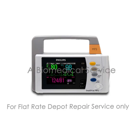 White and gray philips intellivue mp2 portable patient monitor with digital vital signs display for repair service medical equipment