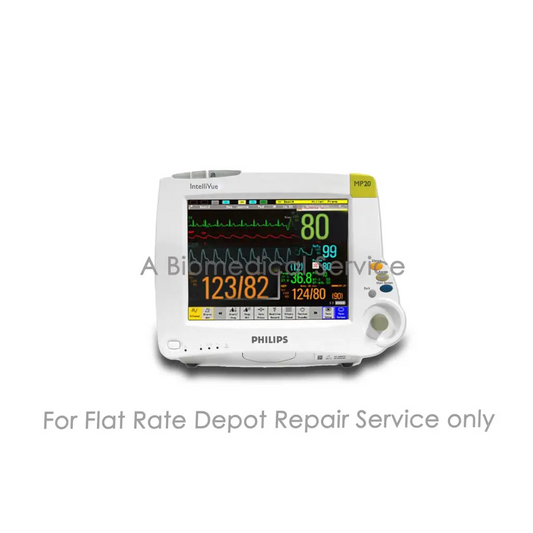 White Philips IntelliVue MP20 patient monitor with color screen showing vital signs waveforms for repair service of medical equipment