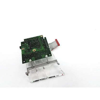 Green circuit board with gold connectors and red ribbon cable mounted on a stand for philips intellivue mp40 mp50 ecg
