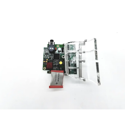 Green circuit board with black components and red ribbon cable for philips intellivue mp40 mp50 ecg alarm assembly