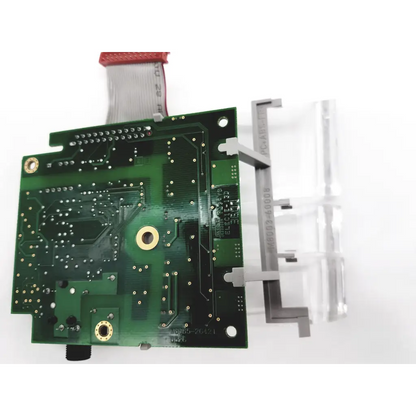Green printed circuit board with gold-plated mounting holes and red ribbon cable for philips intellivue mp40 mp50 ecg alarm assembly