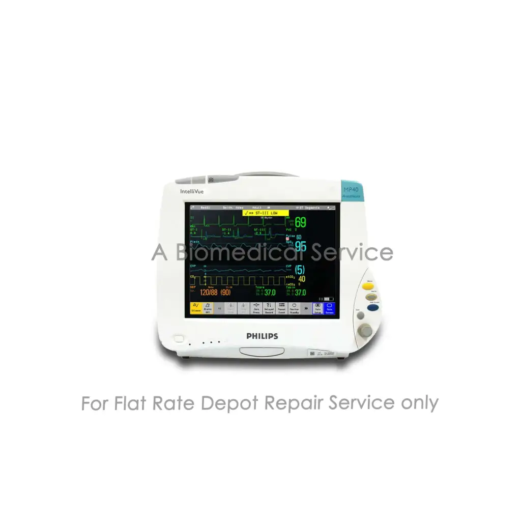 White philips intellivue mp40 patient monitor with touchscreen displaying vital signs for medical equipment repair service