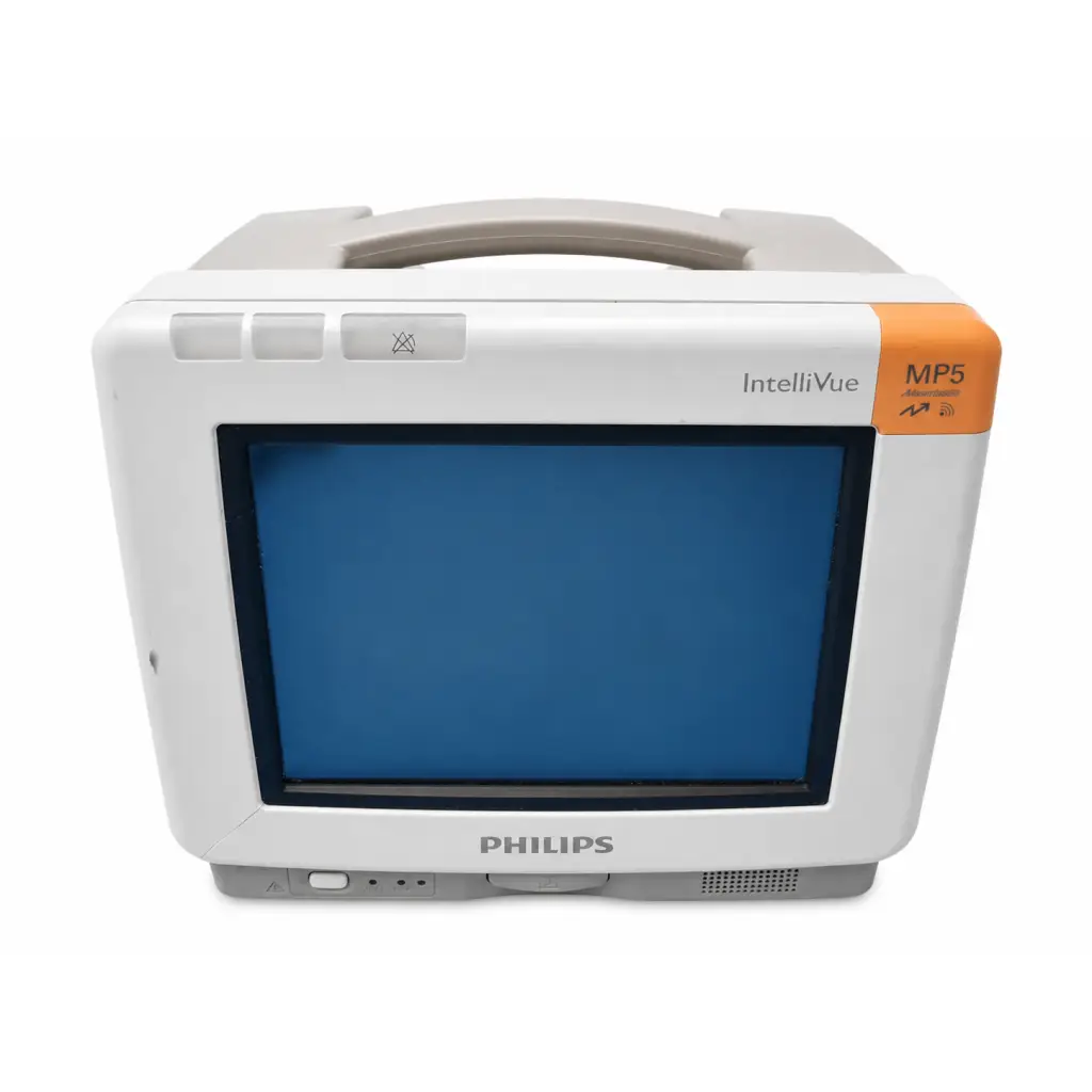 White philips intellivue mp5 anesthesia patient monitor with orange accent panel and blue screen biomed certified
