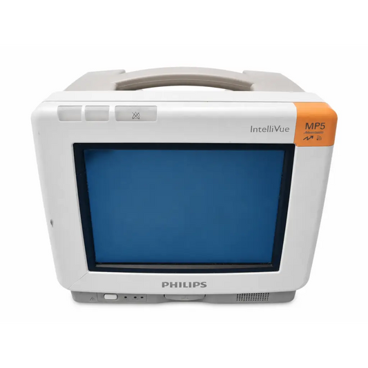 White philips intellivue mp5 anesthesia patient monitor with orange accent panel and blue screen