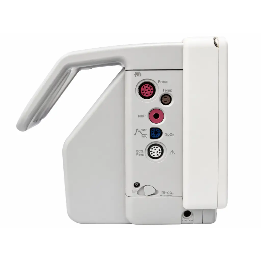 White philips intellivue mp5 anesthesia monitor with curved handle and colored ports for physiological measurements