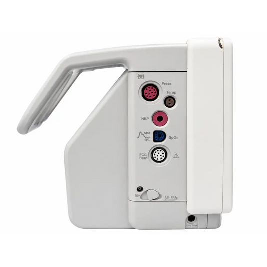 White philips intellivue mp5 anesthesia monitor with curved handle and colored ports for physiological measurements