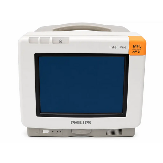 White Philips IntelliVue MP5 anesthetic monitor with blue screen and orange accent for anesthetic patient monitoring service
