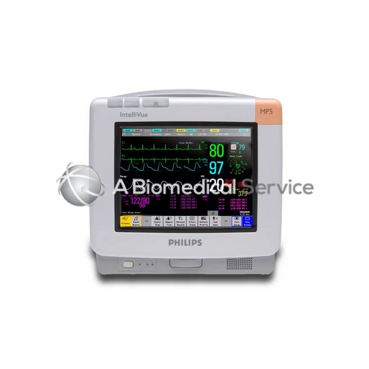 Philips intellivue mp5 multiparameter monitor with white and peach casing displaying vital signs on screen