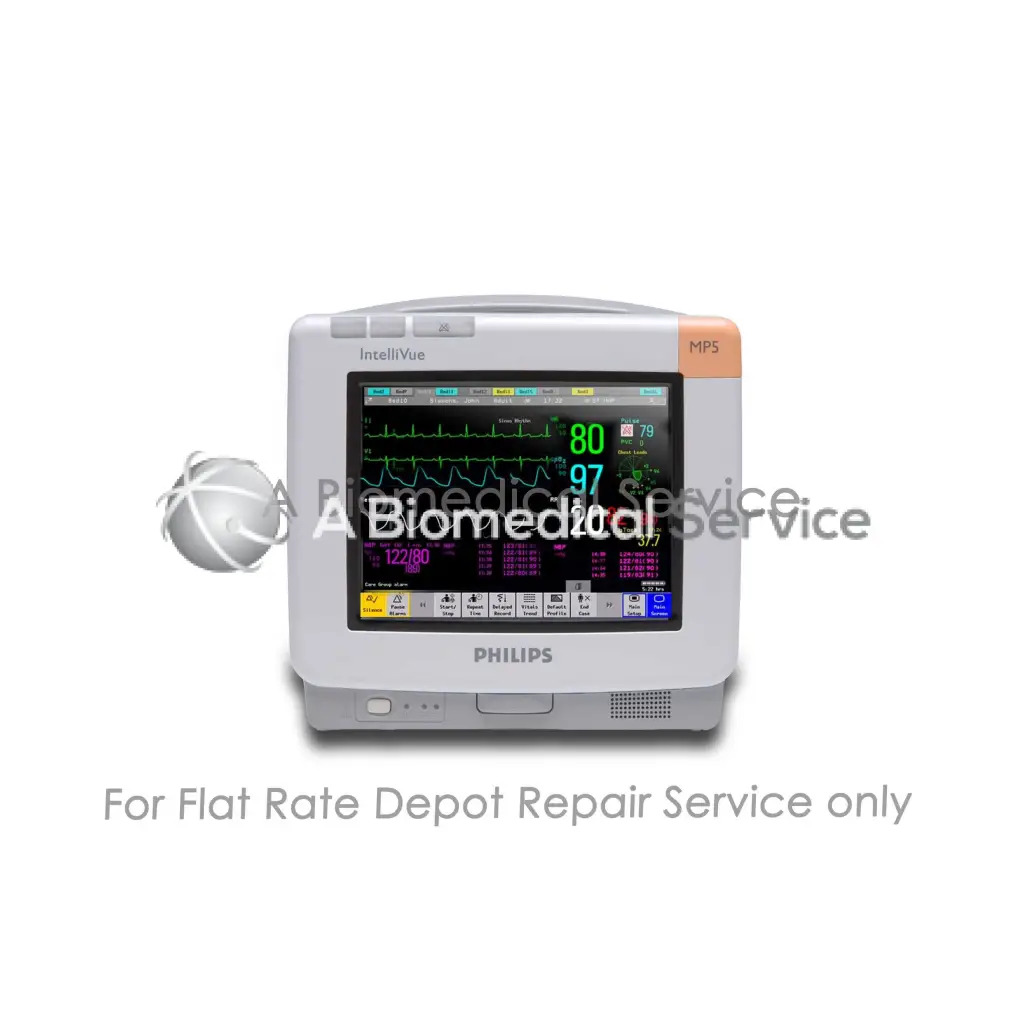 White philips intellivue mp5 patient monitor with digital vital signs display for medical equipment repair service