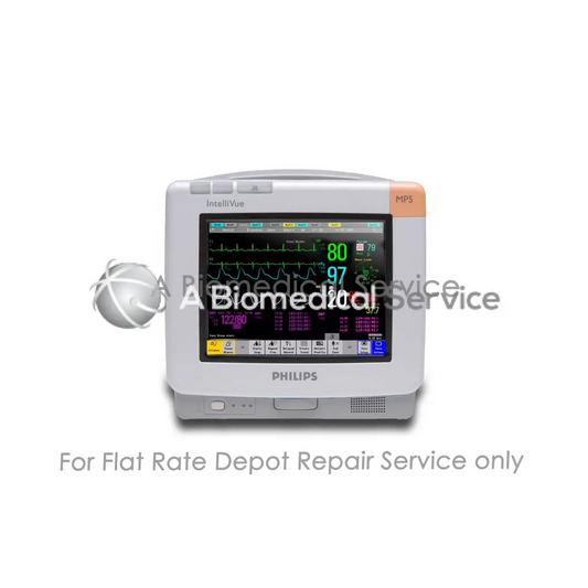 White philips intellivue mp5 patient monitor with digital vital signs display for medical equipment repair service
