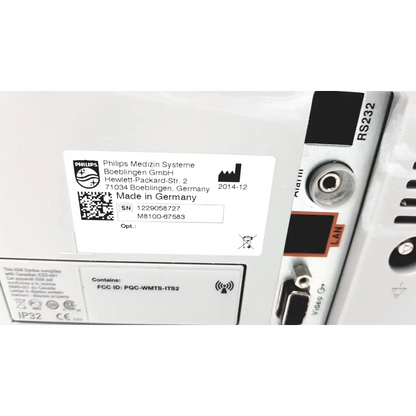 Backside of white philips intellivue mp5 patient vital signs monitor with lan video out rs232 ports made in germany label