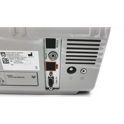 Back side of gray philips intellivue mp5 patient vital signs monitor with labeled rs232 lan and video out ports