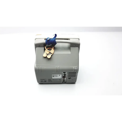 Gray philips intellivue mp5 patient vital signs monitor with blue and beige strap attached to handle