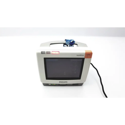 Philips intellivue mp5 patient vital signs monitor m8100-67583 portable with beige and orange casing and rectangular screen