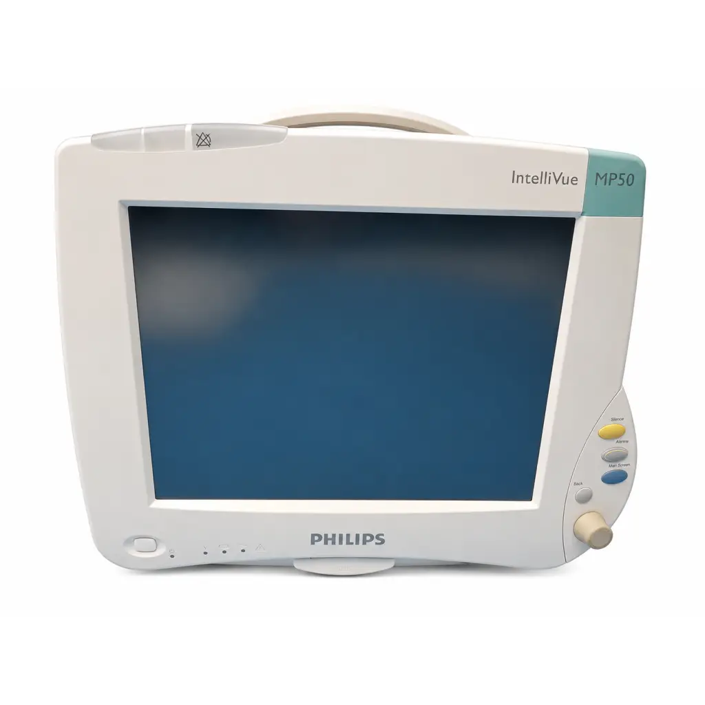Philips intellivue mp50 biomed certified patient monitor in white with teal accent and control buttons on the side
