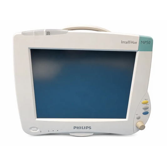Philips intellivue mp50 patient monitor in white with teal accent and control buttons on the side