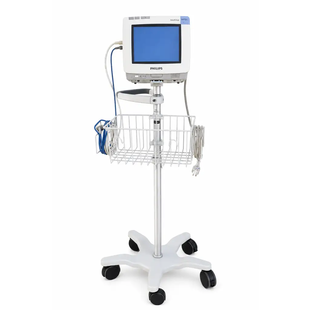 White philips intellivue patient monitor mp50 mounted on mobile stand with basket and black casters biomed certified