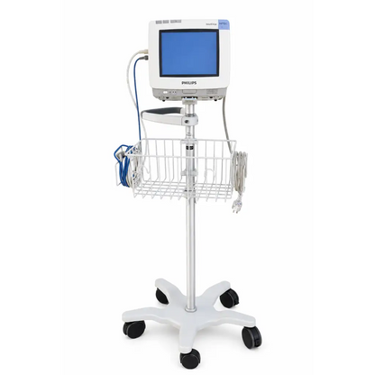 White philips intellivue patient monitor mp50 mounted on mobile stand with basket and black casters biomed certified