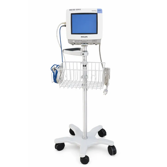 White philips intellivue patient monitor mp50 mounted on mobile stand with basket and black casters