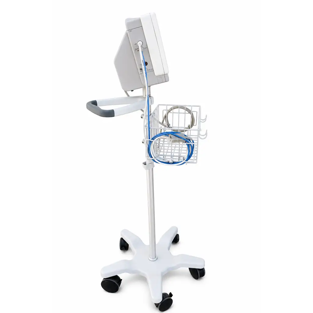 White philips intellivue mp50 patient monitor with mobile stand and wire basket holding coiled blue and gray cables