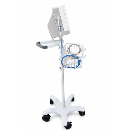 White philips intellivue mp50 patient monitor with mobile stand and wire basket holding coiled blue and gray cables