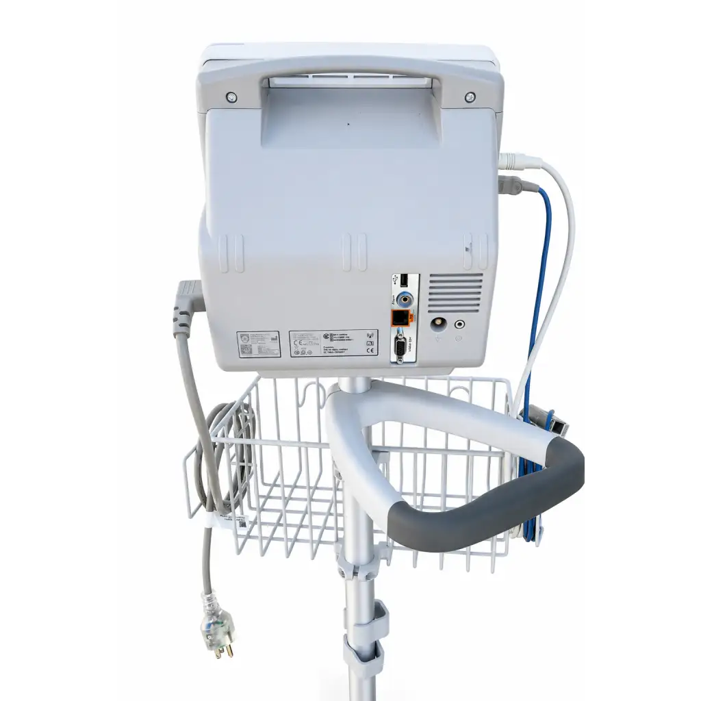 Philips intellivue patient monitor in white mounted on a mobile stand with wire basket and gray handle grips