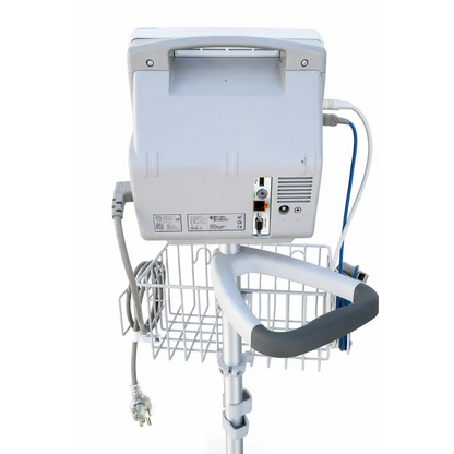 Philips intellivue patient monitor in white mounted on a mobile stand with wire basket and gray handle grips