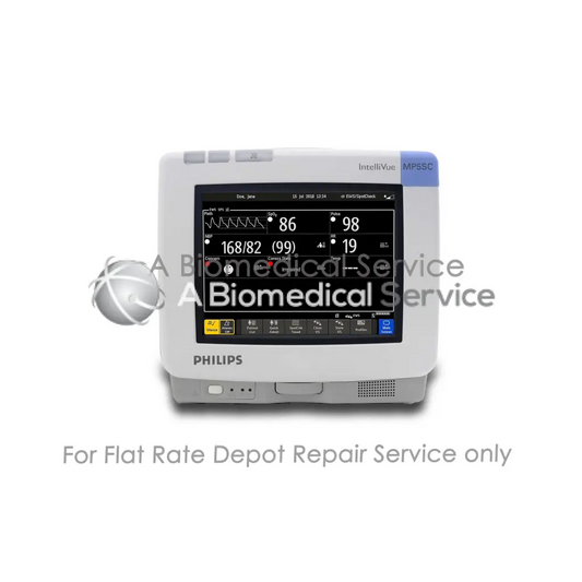 White philips intellivue mp5sc patient monitor with touchscreen vital signs display for medical equipment repair service