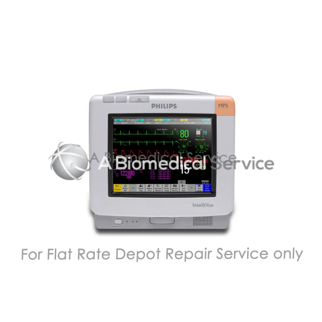 Philips intellivue mp5t patient monitor with white and orange casing showing colorful vital signs for repair service medical equipment