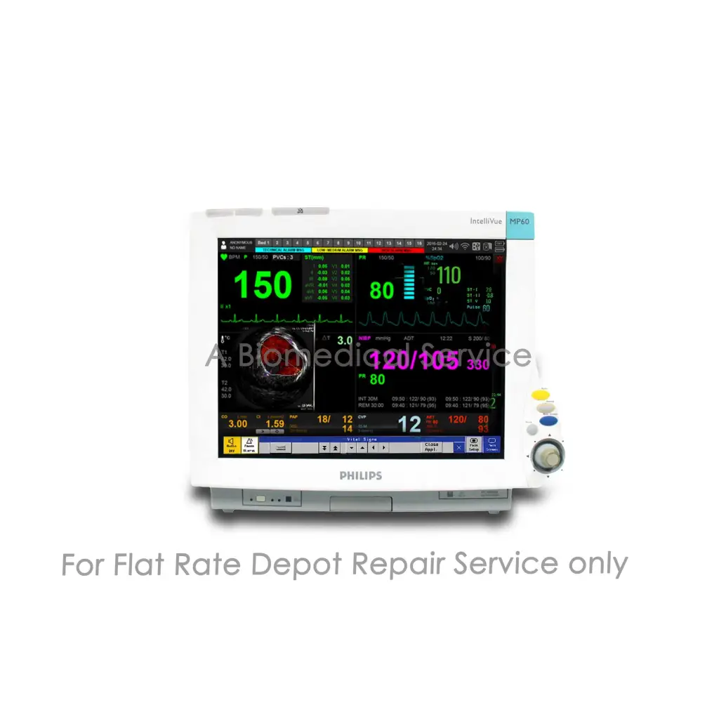 White philips intellivue mp60 patient monitor with digital vital signs display in green yellow and purple for repair service