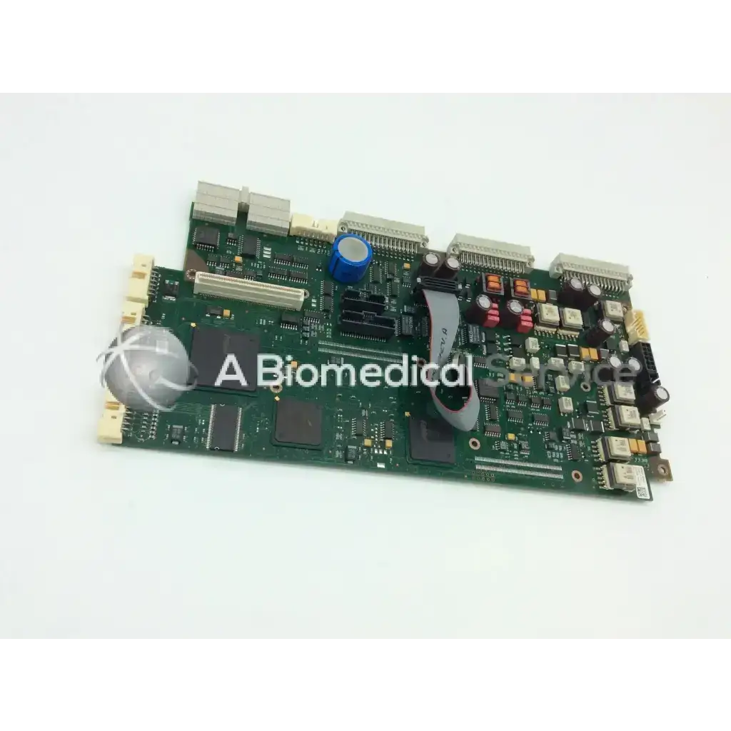 Green printed circuit board with black integrated circuits and blue capacitor for philips intellivue mp70 m8050-66422 patient