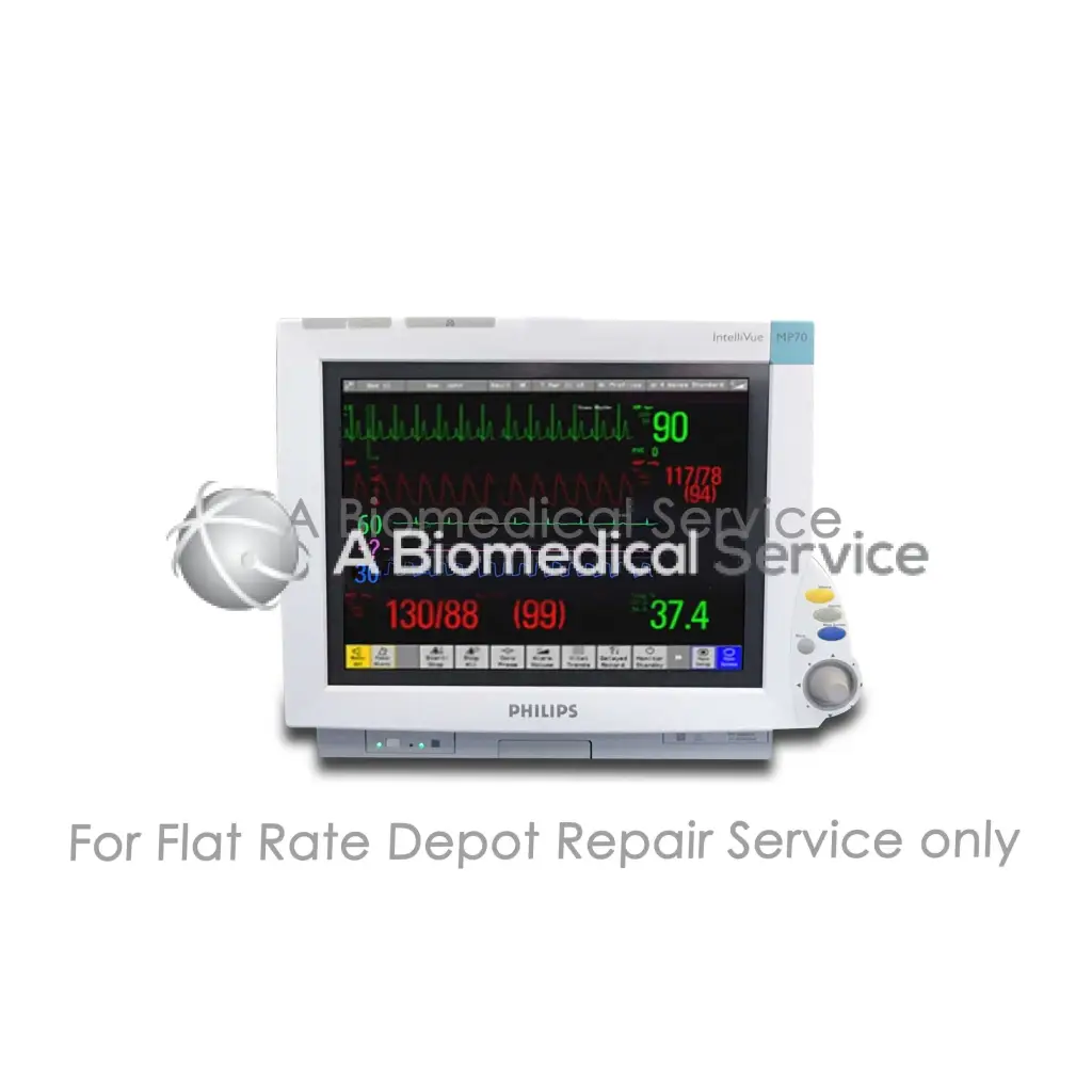 White Philips intellivue m20 patient monitor displaying vital signs in green and red digital readout for medical equipment repair service