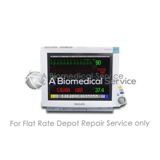 White Philips intellivue m20 patient monitor displaying vital signs in green and red digital readout for medical equipment repair service